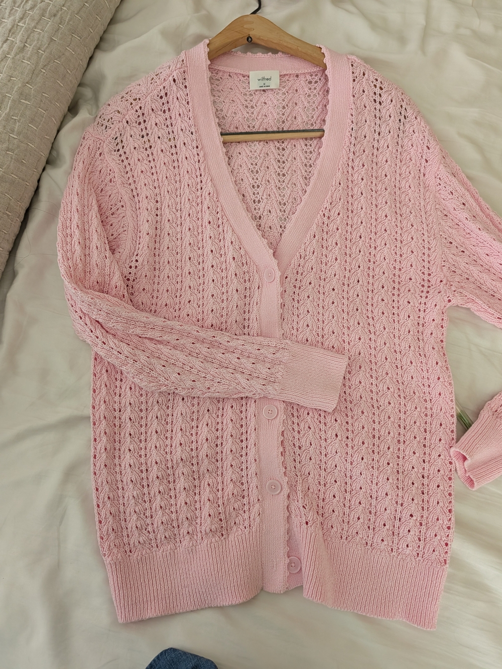 Aritzia Wilfred Pink Open-Knit V-Neck Button Cardigan